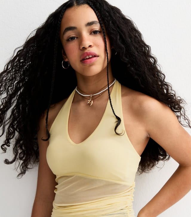 New Look Girls' Light Yellow Mesh Ruched Side Halter Neck Top New Look - 3