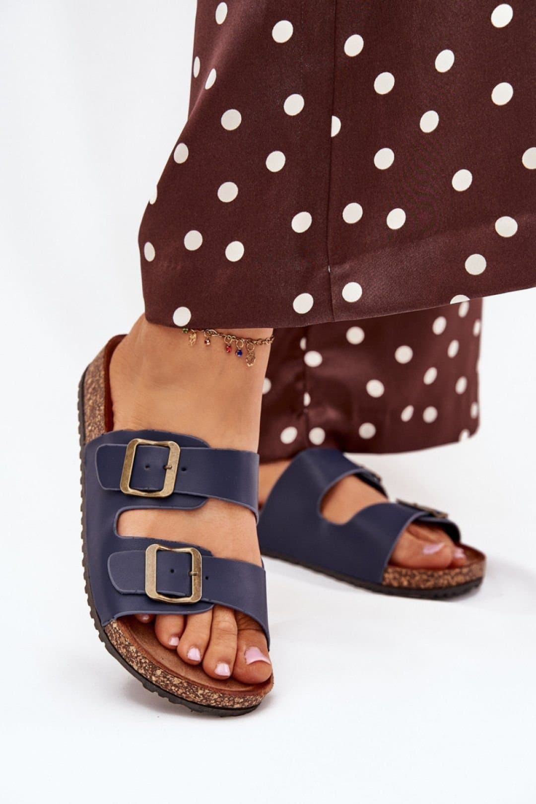 Love Lace Love Lace Women's Cork Platform Sandals With Contoured Suede Insole Buckle Straps in Navy