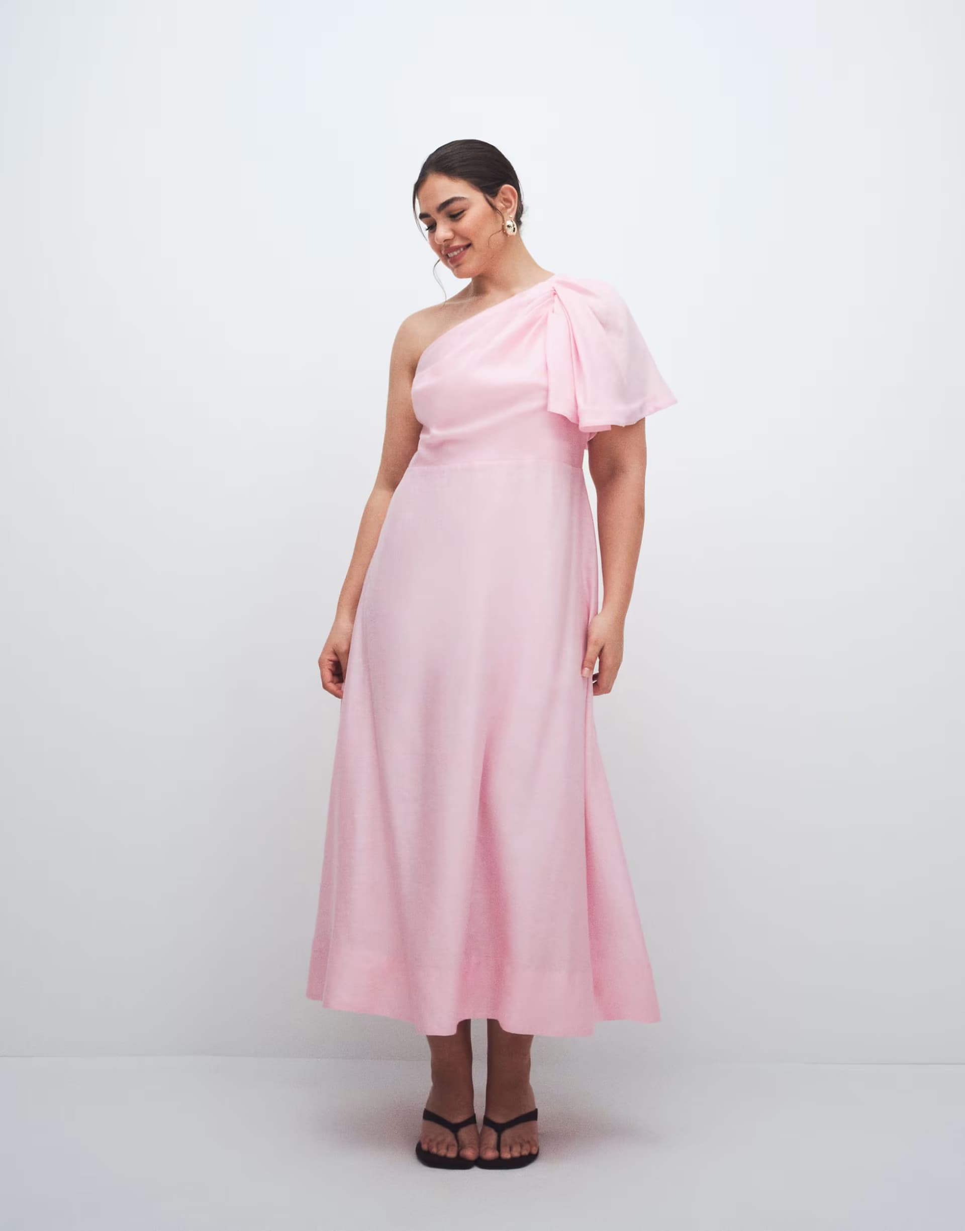ASOS Forever New Curve linen one shoulder bow detail midi dress in pink