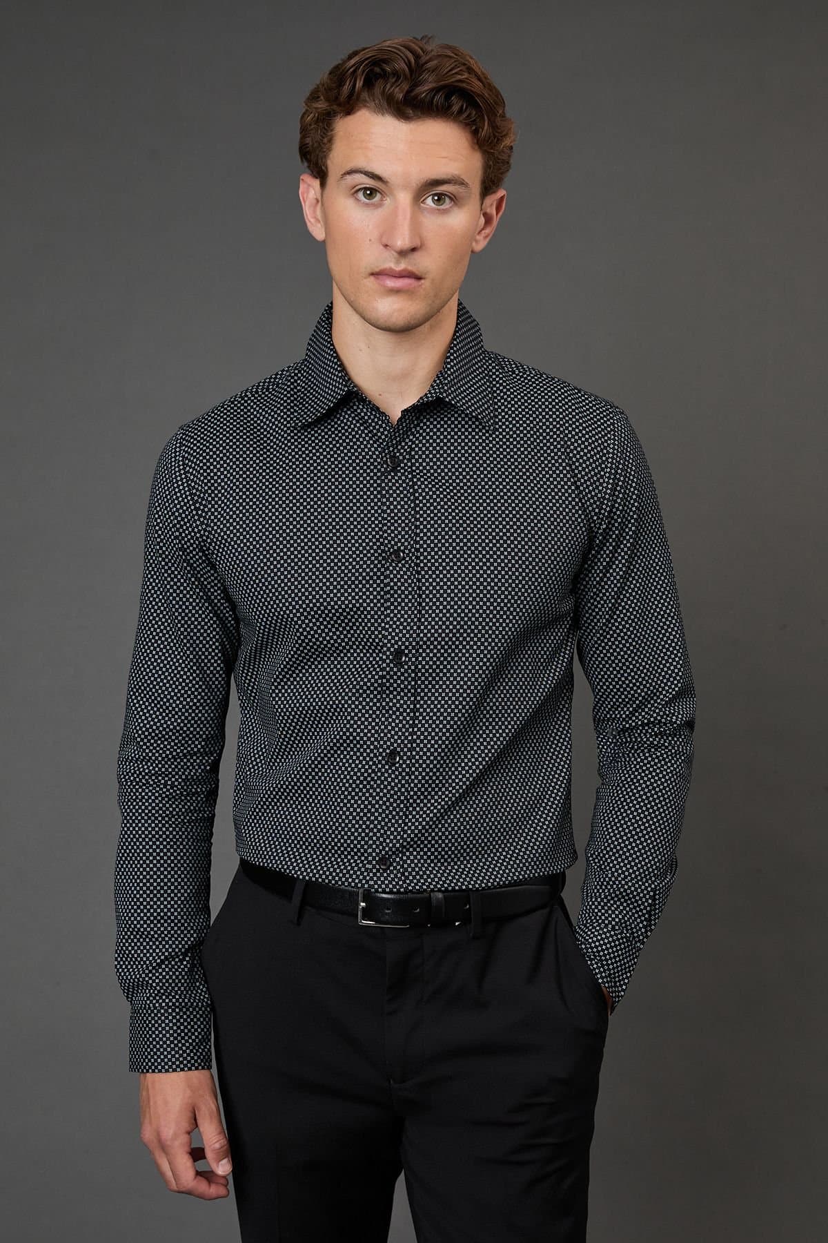 Burton Burton Men's Navy Geometric Print Slim Fit Long Sleeve Shirt