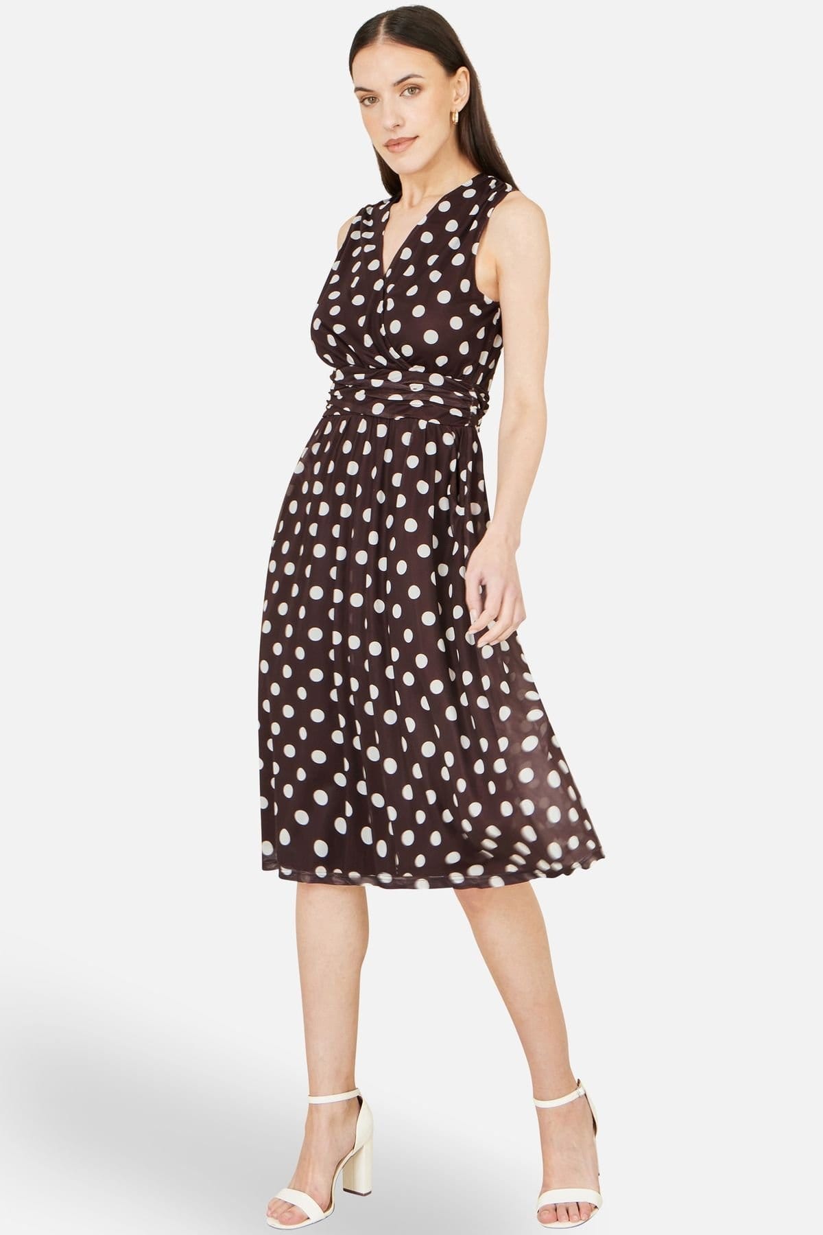 Yumi Brown Polka Dot Mesh Wrap Skater Dress