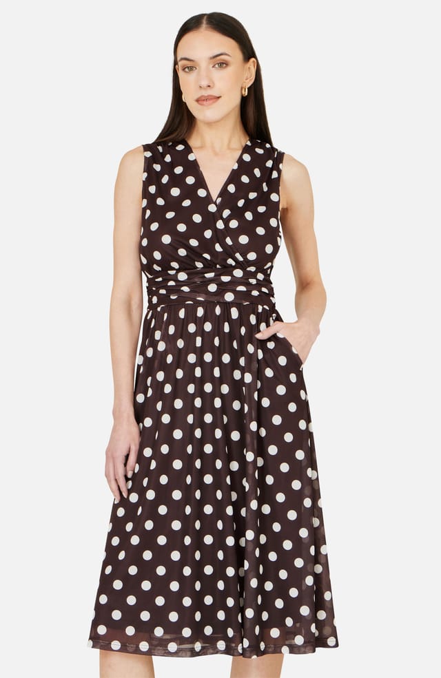 Yumi Yumi Women's Brown Polka Dot Mesh Wrap Skater Dress With Pockets in Chocolate - 2