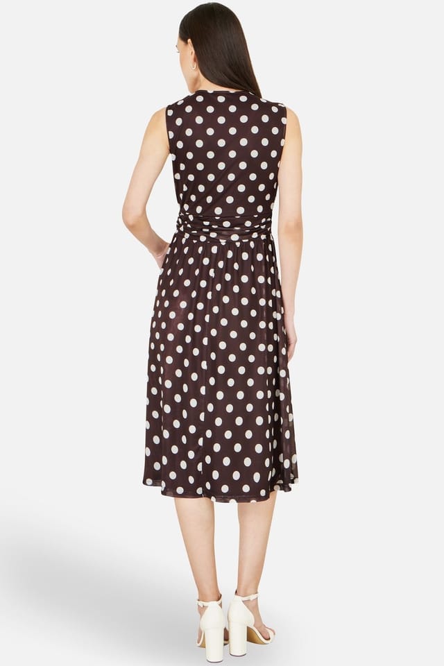 Yumi Yumi Women's Brown Polka Dot Mesh Wrap Skater Dress With Pockets in Chocolate - 3