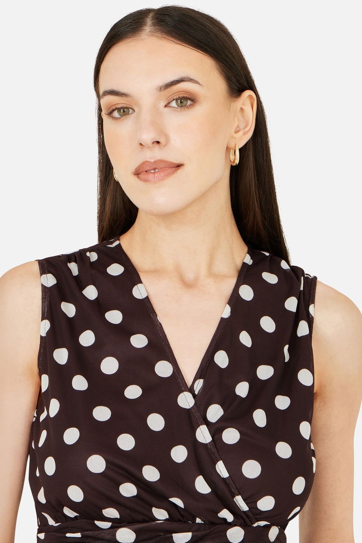 Yumi Yumi Women's Brown Polka Dot Mesh Wrap Skater Dress With Pockets in Chocolate - 4