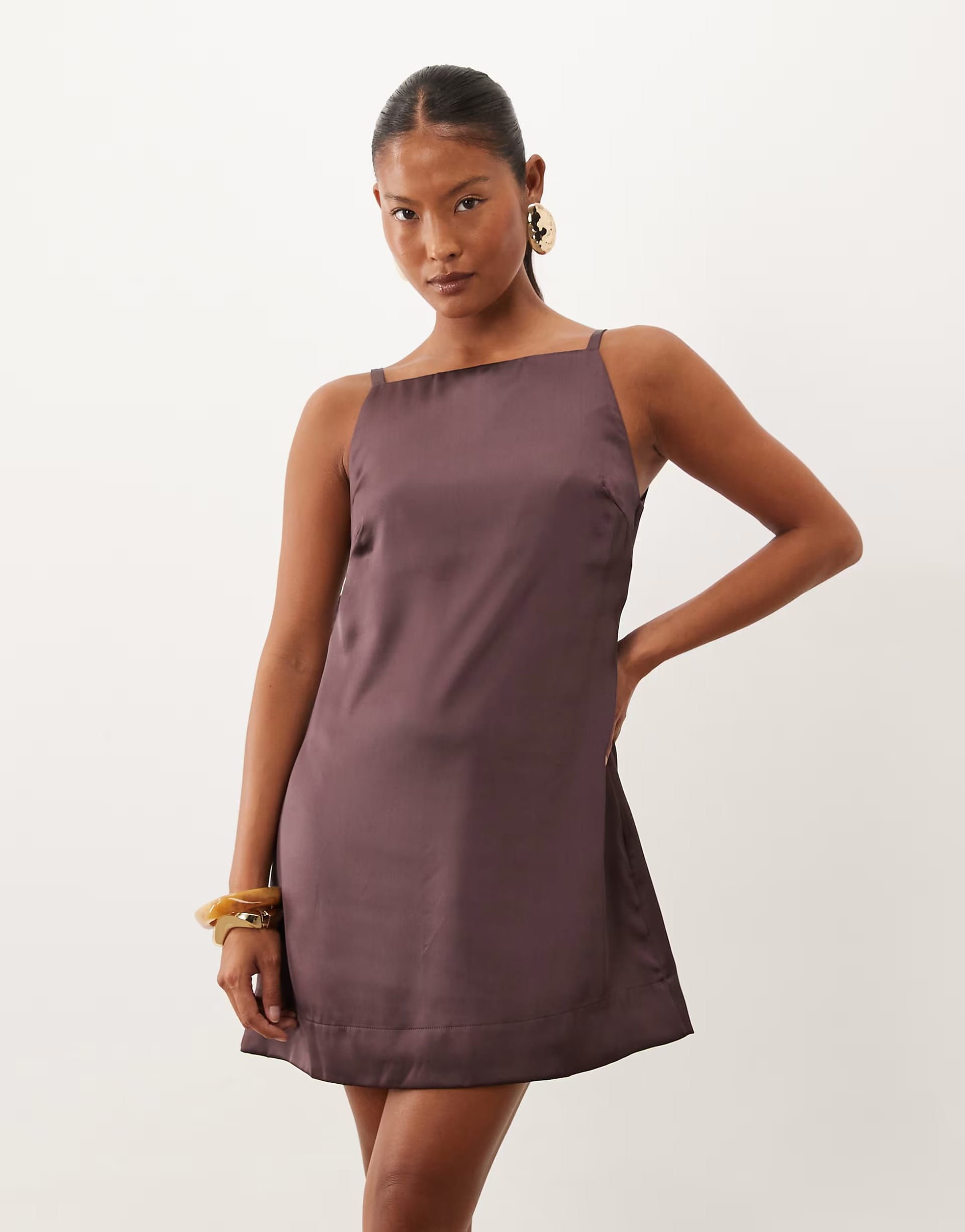 ASOS DESIGN Petite Chocolate Satin Cami Shift Mini Dress