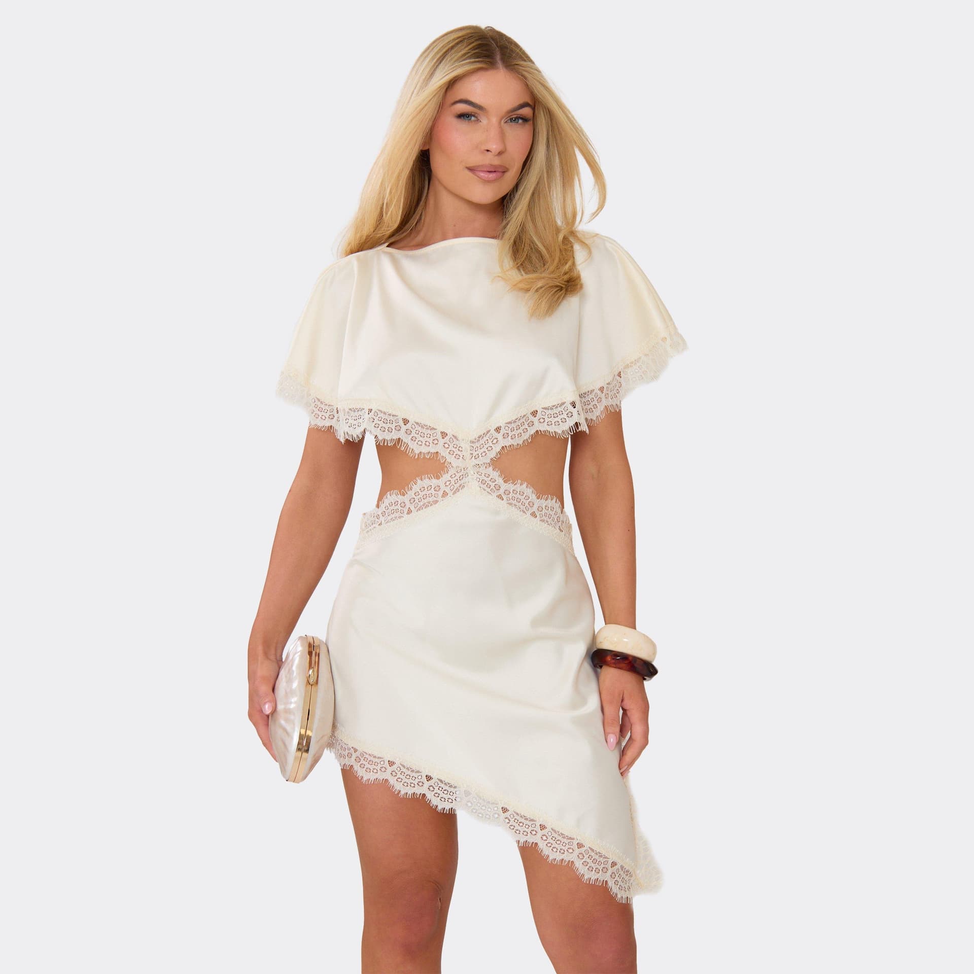 EGO Short Sleeve Cut Out Waist Asymmetric Lace Trim Mini Dress In Cream, Women's Size UK 6