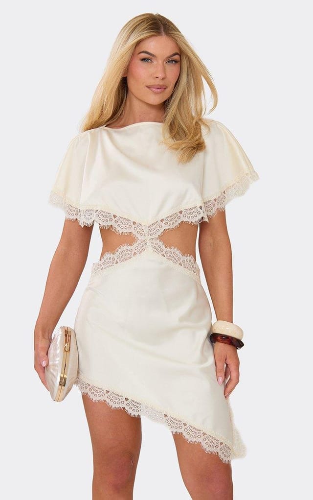 EGO Short Sleeve Cut Out Waist Asymmetric Lace Trim Mini Dress In Cream, Women's Size UK 6 - 2