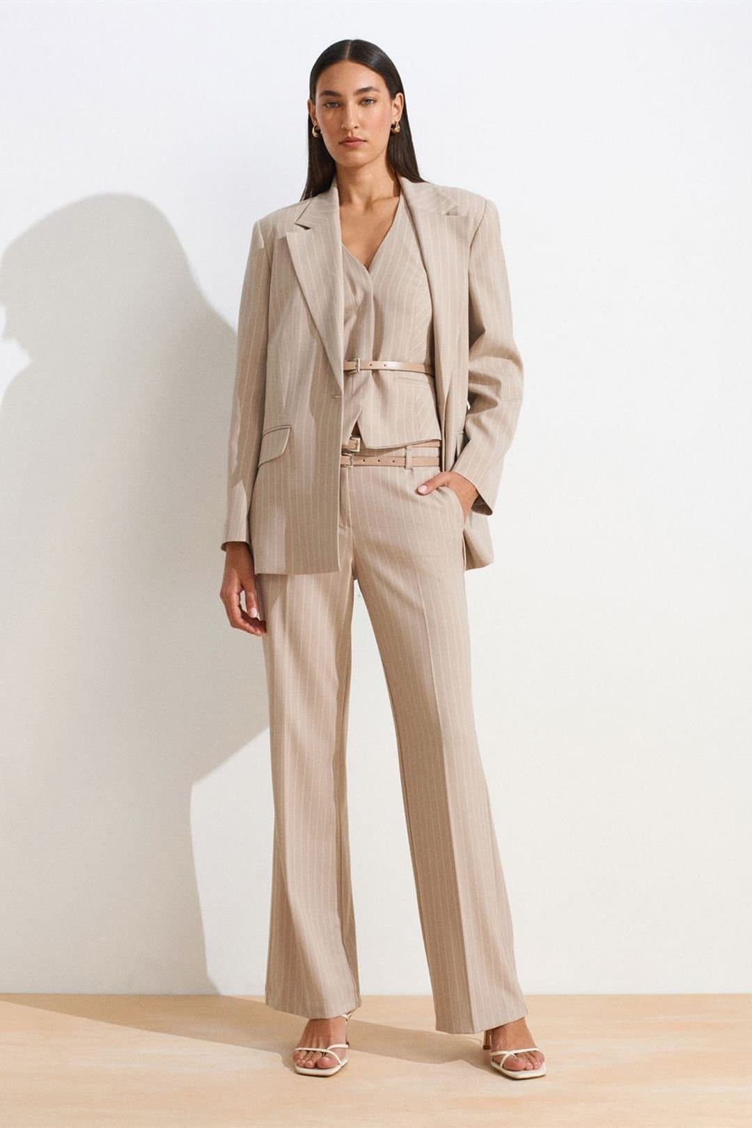 Dilvin Dilvin Women's Striped Straight-leg Belted Trousers in Light Beige