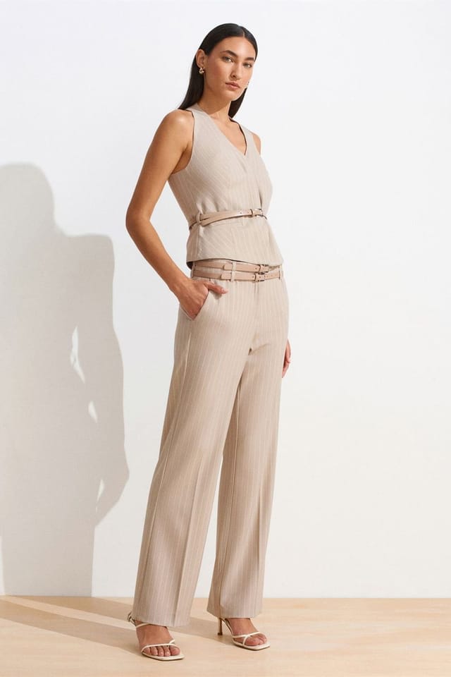 Dilvin Dilvin Women's Striped Straight-leg Belted Trousers in Light Beige - 2