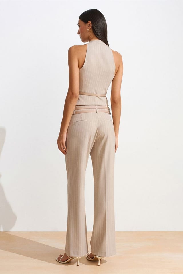 Dilvin Dilvin Women's Striped Straight-leg Belted Trousers in Light Beige - 3