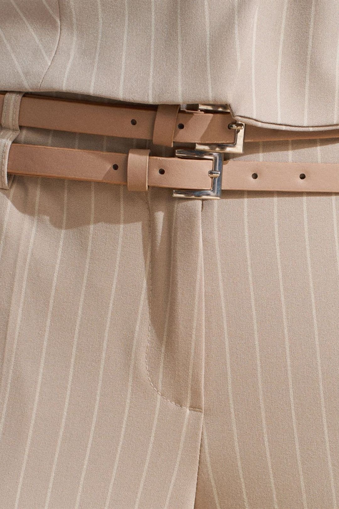 Dilvin Dilvin Women's Striped Straight-leg Belted Trousers in Light Beige - 4