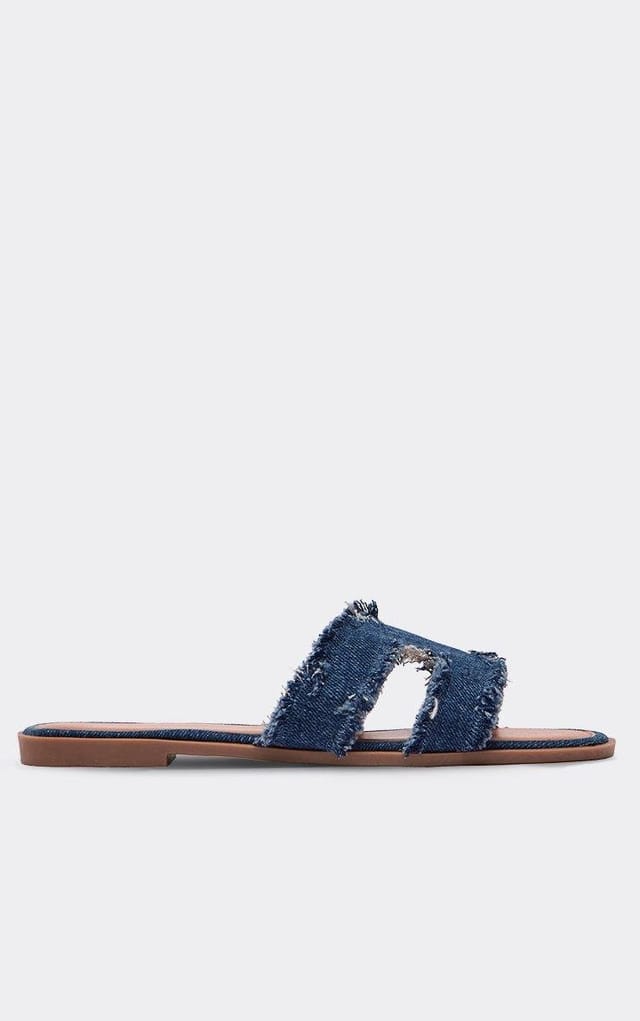EGO Elsa Frayed Hem Detail Cut Out Flat Slider Sandal In Dark Blue Denim, Women's Size UK 3 - 2