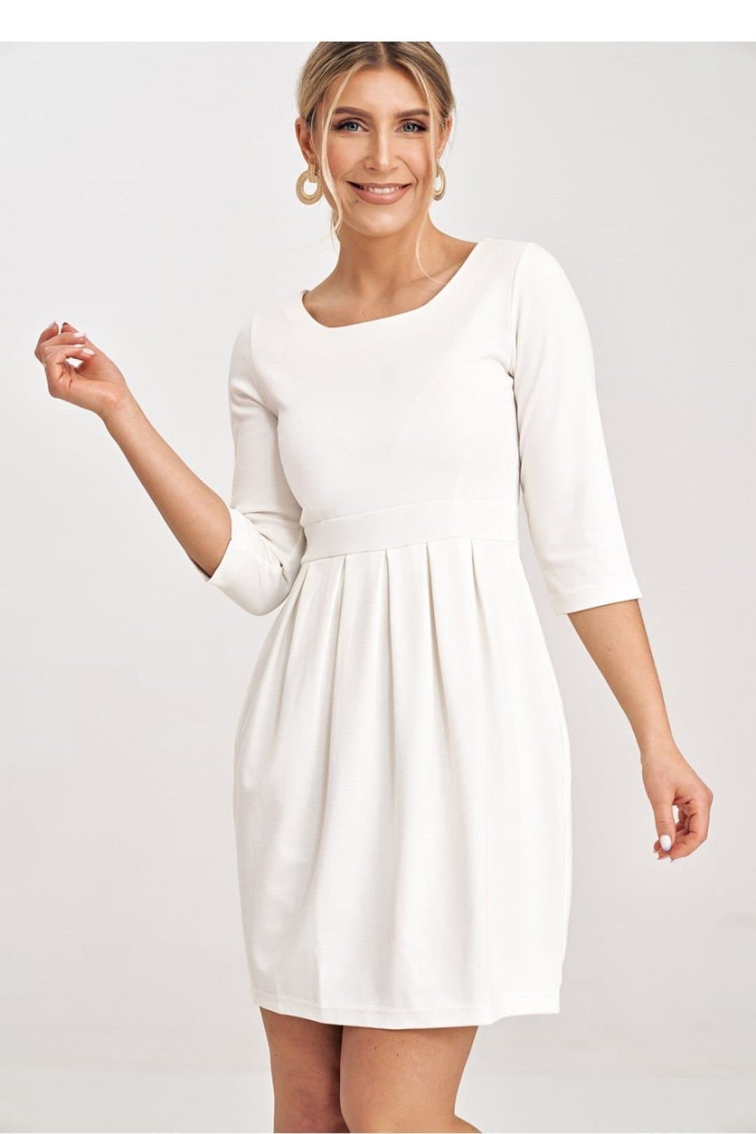 Love Lace Love Lace Women's Creased Waist 3/4 Sleeve Dress in Off-White