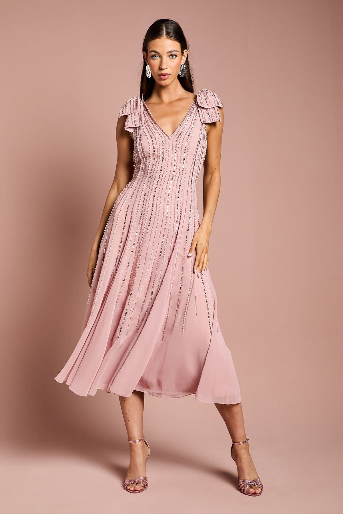Coast Coast Women's Bow Shoulder Embellished Midi Dress in Blush