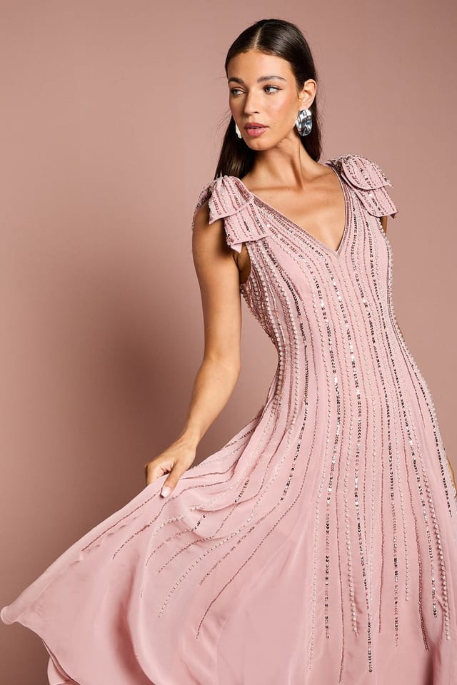 Coast Coast Women's Bow Shoulder Embellished Midi Dress in Blush - 2