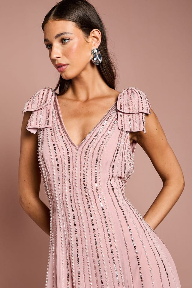 Coast Coast Women's Bow Shoulder Embellished Midi Dress in Blush - 3