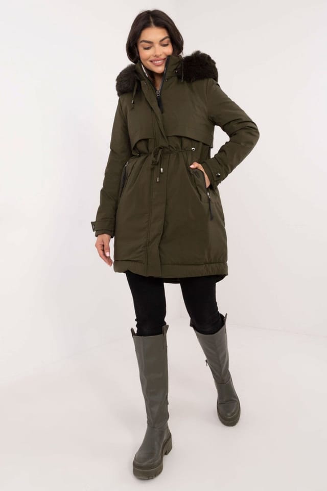 Love Lace Love Lace Women's Quilted Synthetic Down Jacket with Detachable Fur in Green - 2