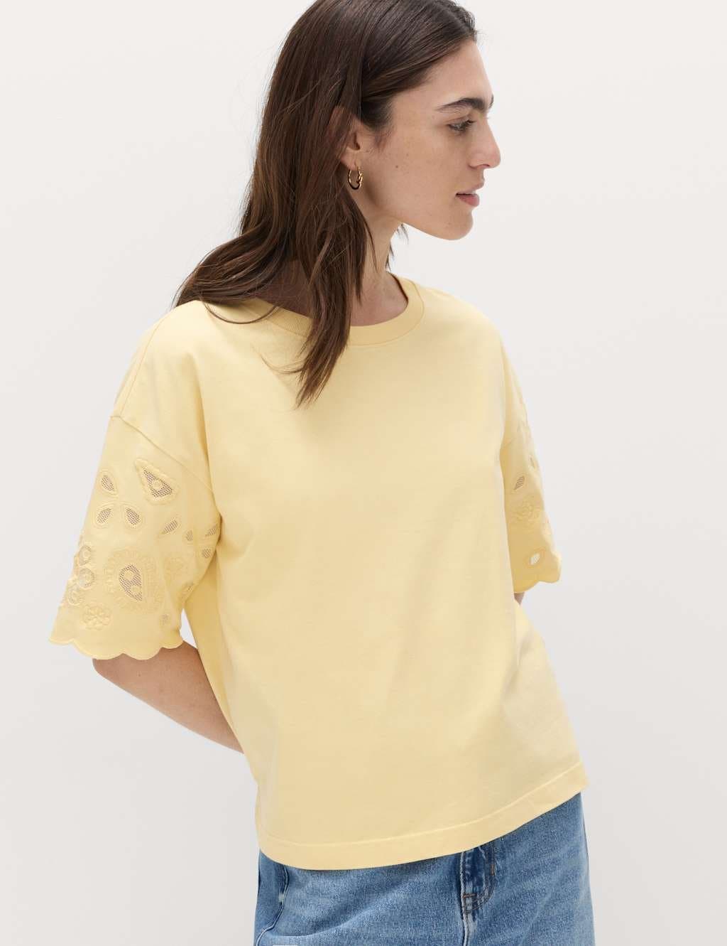 Marks & Spencer M&S Pure Cotton Broderie Boxy T-Shirt Yellow