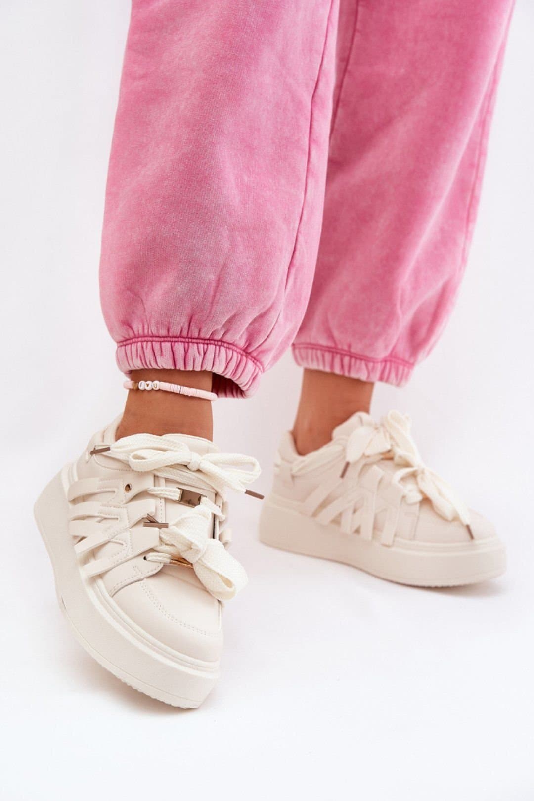Love Lace Love Lace Women's Platform Synthetic Sneakers with Foam Insoles Sporty in Beige