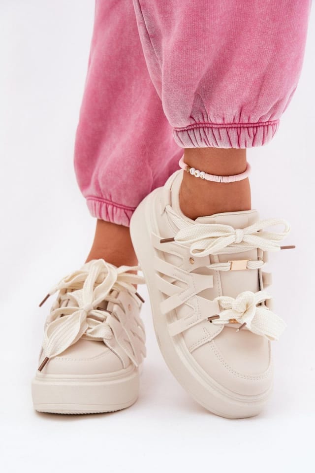 Love Lace Love Lace Women's Platform Synthetic Sneakers with Foam Insoles Sporty in Beige - 3