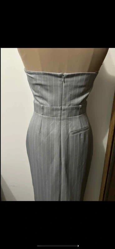 ASOS Design bandeau miaxi dress with front split in grey pinstripe office core size 10