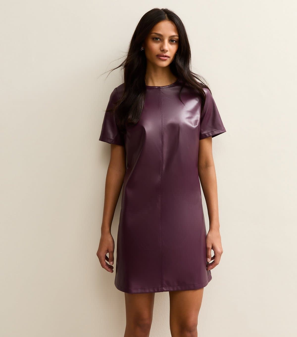 New Look Women's Dark Burgundy Faux Leather Short Sleeve Mini Dress New Look