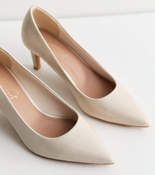 New Look Women's Off White Faux Patent Court Shoes Vegan New Look - 3