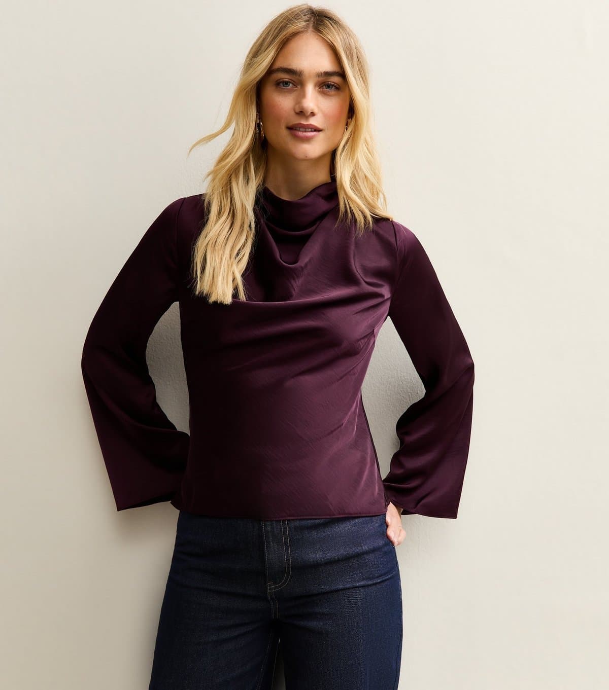 New Look Women's Burgundy Satin Cowl Neck Long Sleeve Top New Look