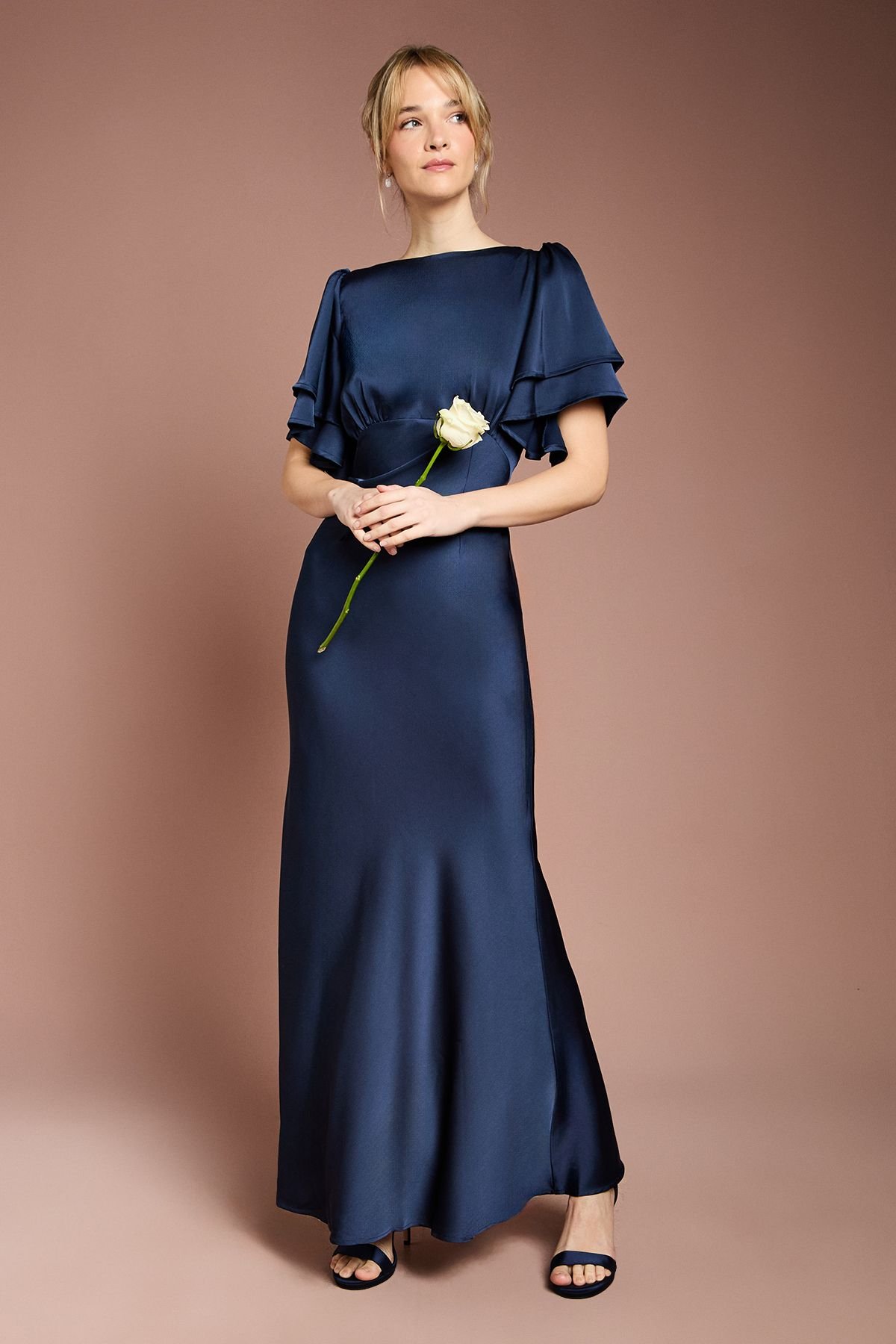 Coast Coast Women's Honoured Satin Back Crepe High Neck Short Sleeve Maxi Bridesmaid Dress in Navy - 2