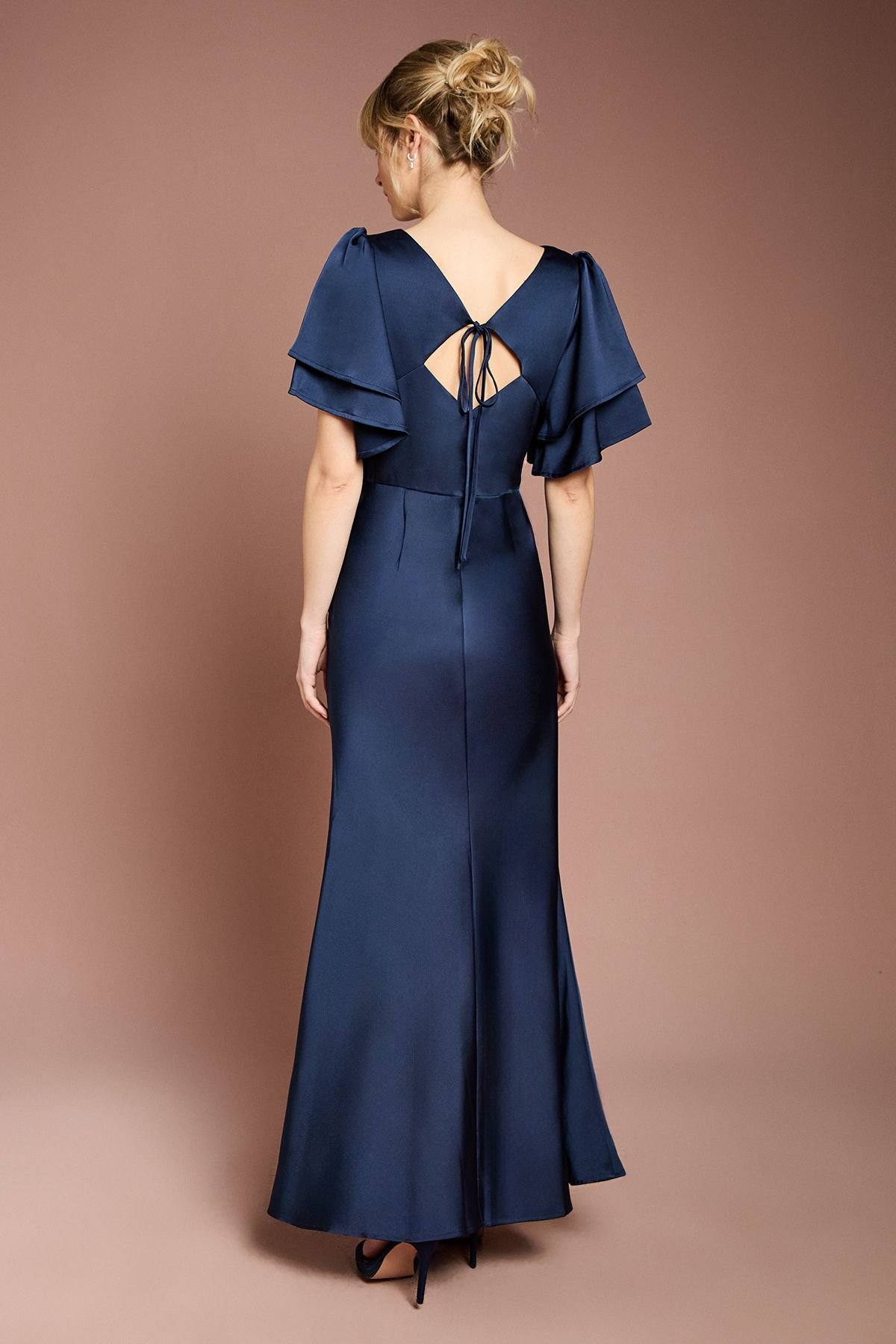 Coast Coast Women's Honoured Satin Back Crepe High Neck Short Sleeve Maxi Bridesmaid Dress in Navy - 3