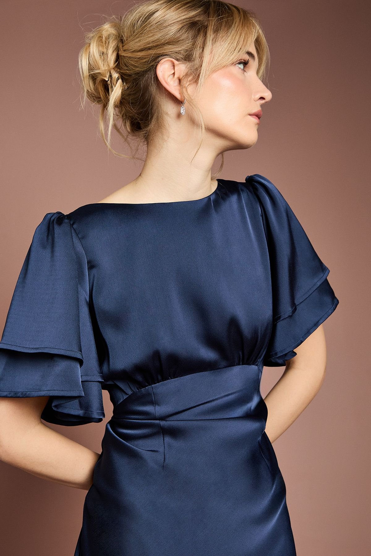 Coast Coast Women's Honoured Satin Back Crepe High Neck Short Sleeve Maxi Bridesmaid Dress in Navy - 4