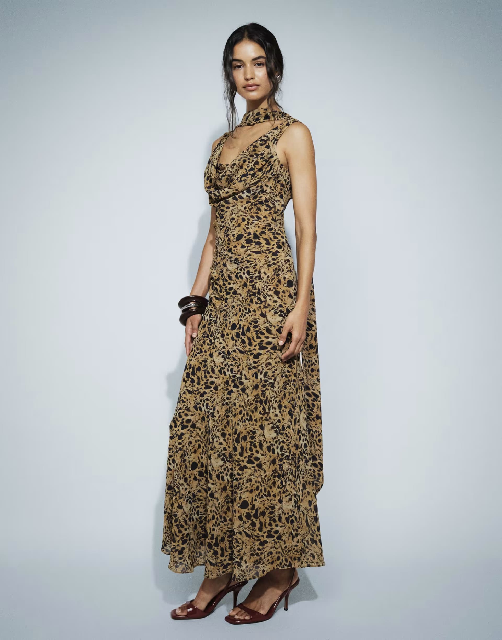 ASOS Pretty Lavish chiffon cowl neck scarf detail maxi dress in brown leopard print