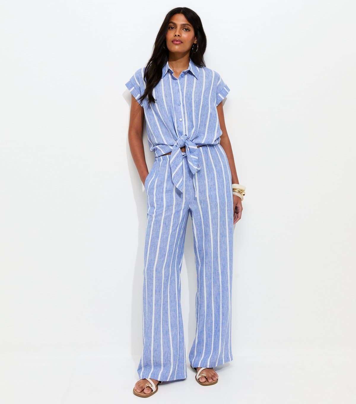 New Look Women's Blue Striped Drawstring Wide Leg Trousers New Look