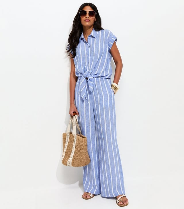 New Look Women's Blue Striped Drawstring Wide Leg Trousers New Look - 2