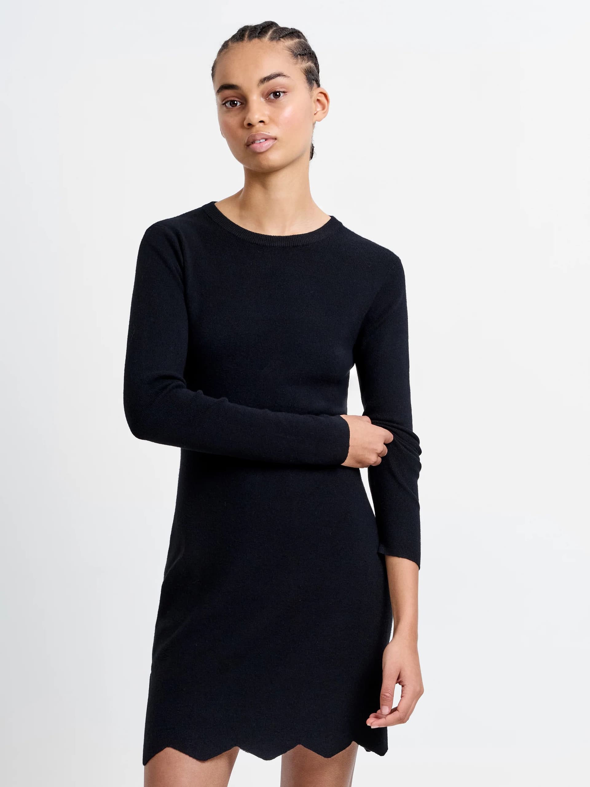 French Connection Cosy Knit Scallop Hem Long Sleeve Dress Black