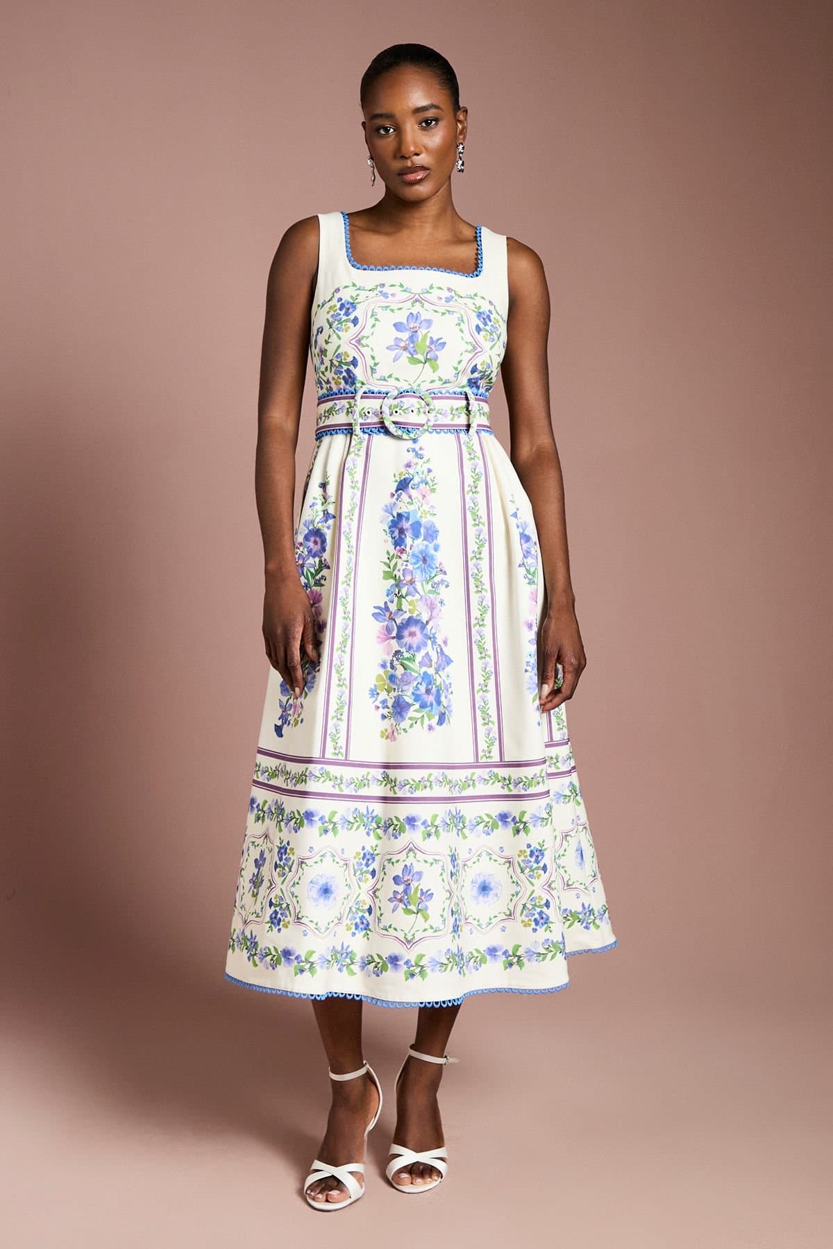 Coast Coast Women's Belted Floral Placement Print Full Skirted Cotton Midi Dress in Ivory