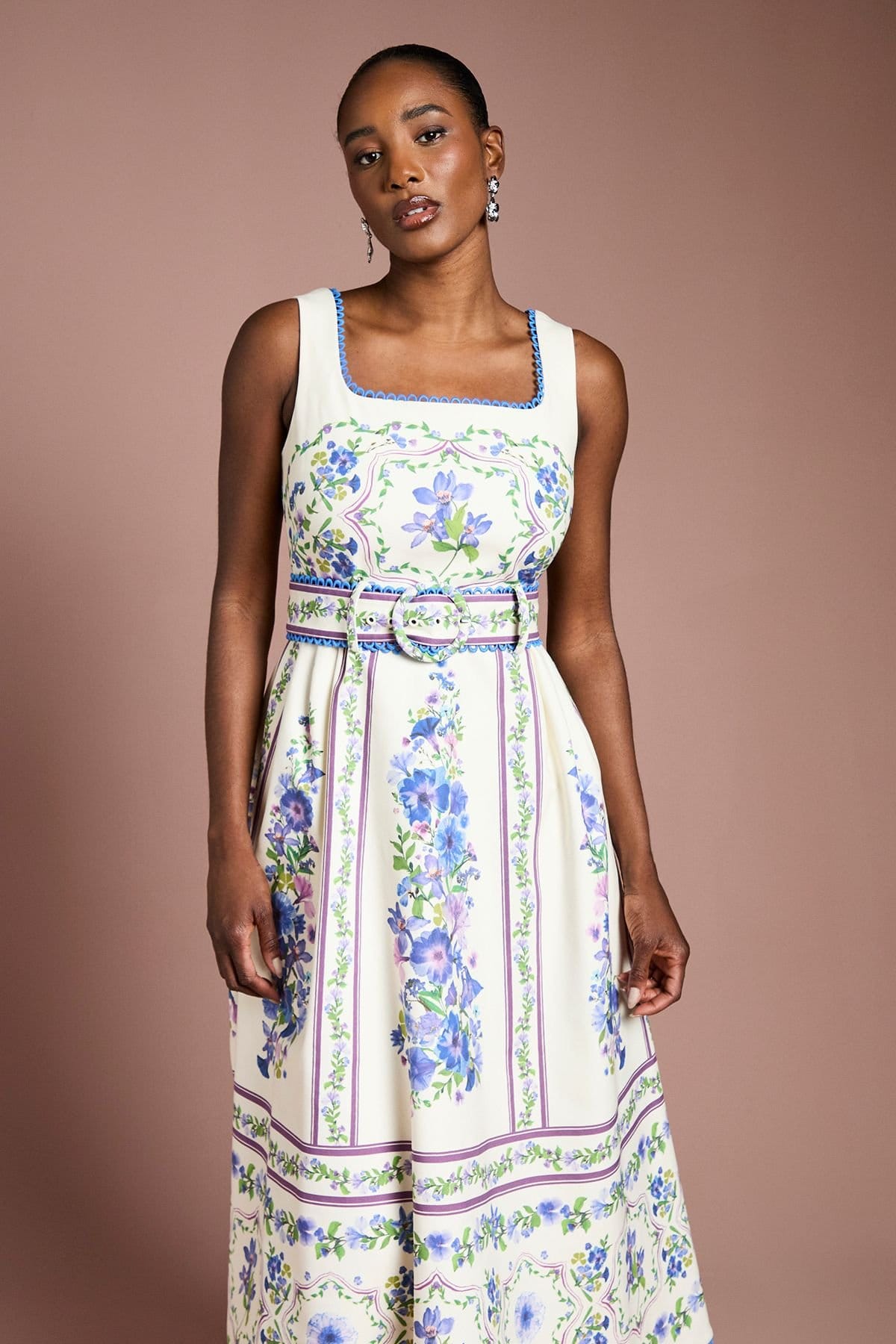Coast Coast Women's Belted Floral Placement Print Full Skirted Cotton Midi Dress in Ivory - 4