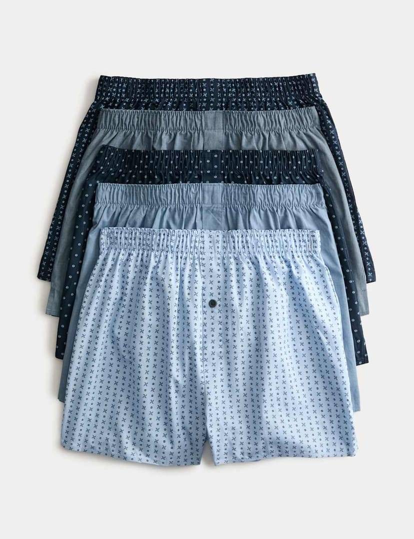 Marks & Spencer M&S 5 Pack Pure Cotton Geometric Woven Boxers Blue Mix - 1