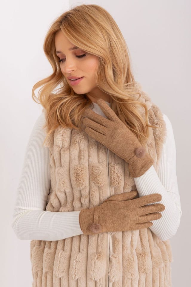 Love Lace Love Lace Women's Elegant Knitted Touchscreen Gloves with Pom Pom Trim & Floral Stitch in Brown - 2
