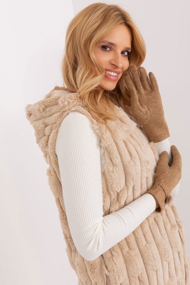 Love Lace Love Lace Women's Elegant Knitted Touchscreen Gloves with Pom Pom Trim & Floral Stitch in Brown - 3