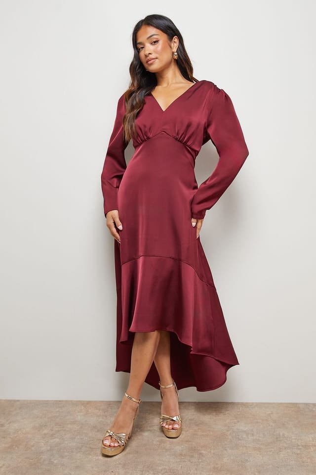 Oasis Oasis Women's Petite Satin Puff Sleeve V Neck High Low Hem Midi Dress in Merlot - 2