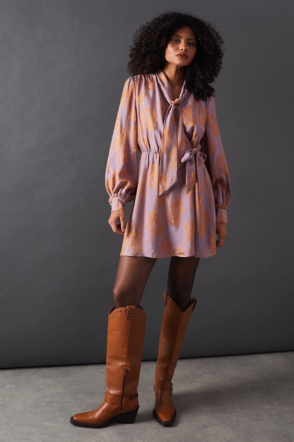 Warehouse Warehouse Women's Satin Rose Jacquard Tie Neck Flippy Mini Dress in Purple