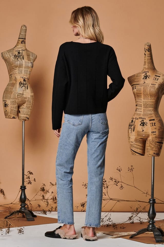 Jolie Moi Jolie Moi Women's Round Neck Vertical Line Knit Top in Black - 2