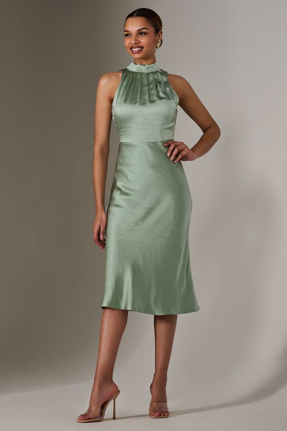 Jolie Moi Jolie Moi Women's Satin Halter Neck Midi Dress in Green - 2
