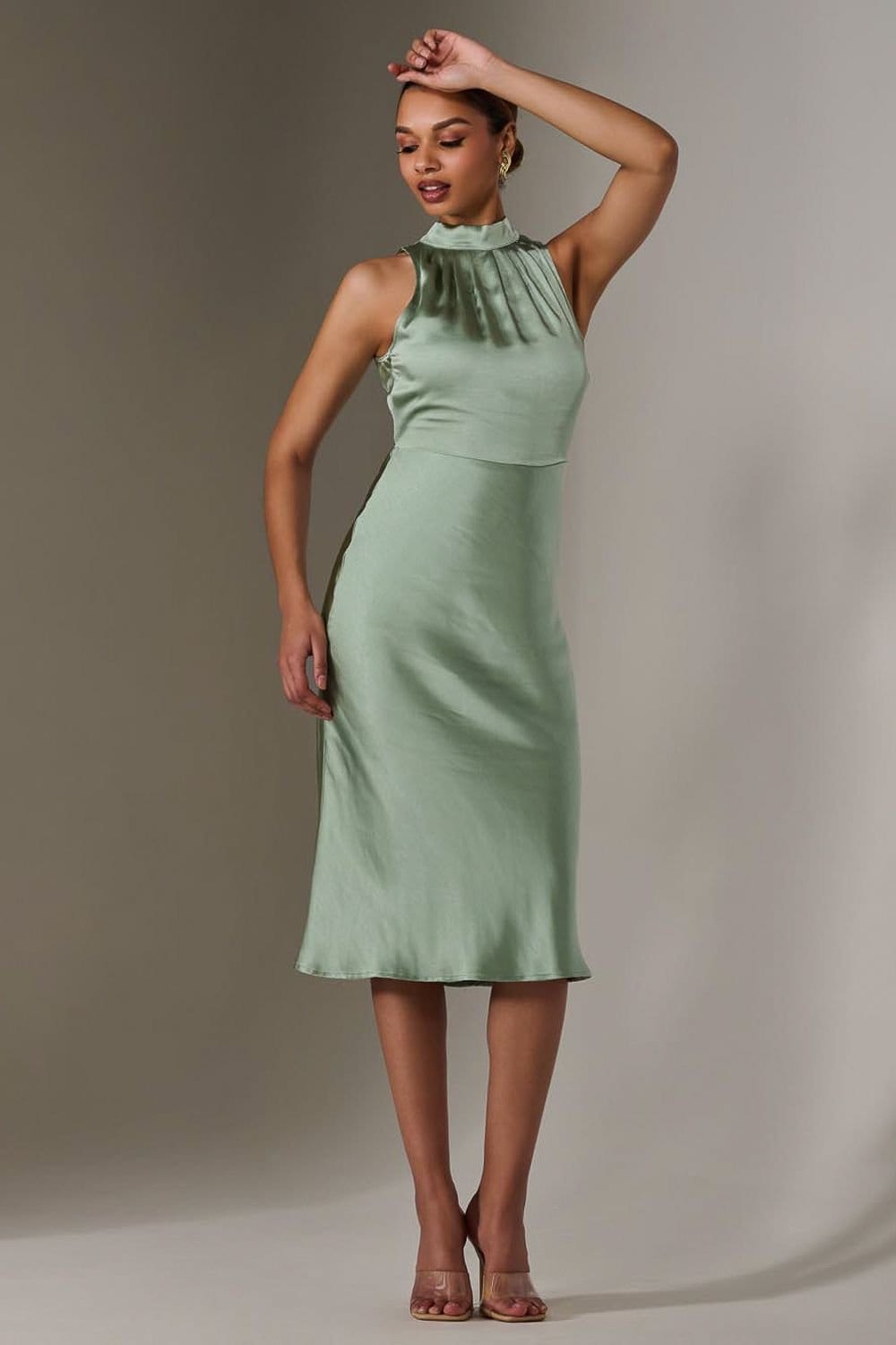Jolie Moi Jolie Moi Women's Satin Halter Neck Midi Dress in Green - 4