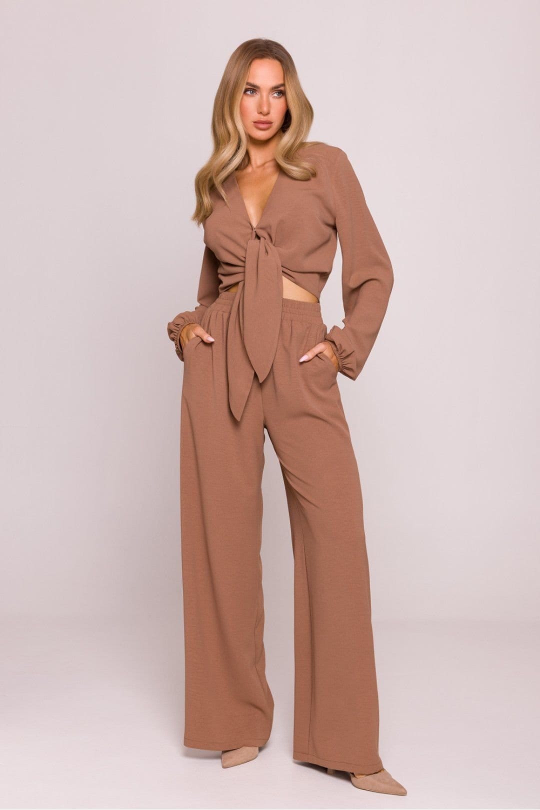 Love Lace Brown Crepe Texture Loose Fit Trousers