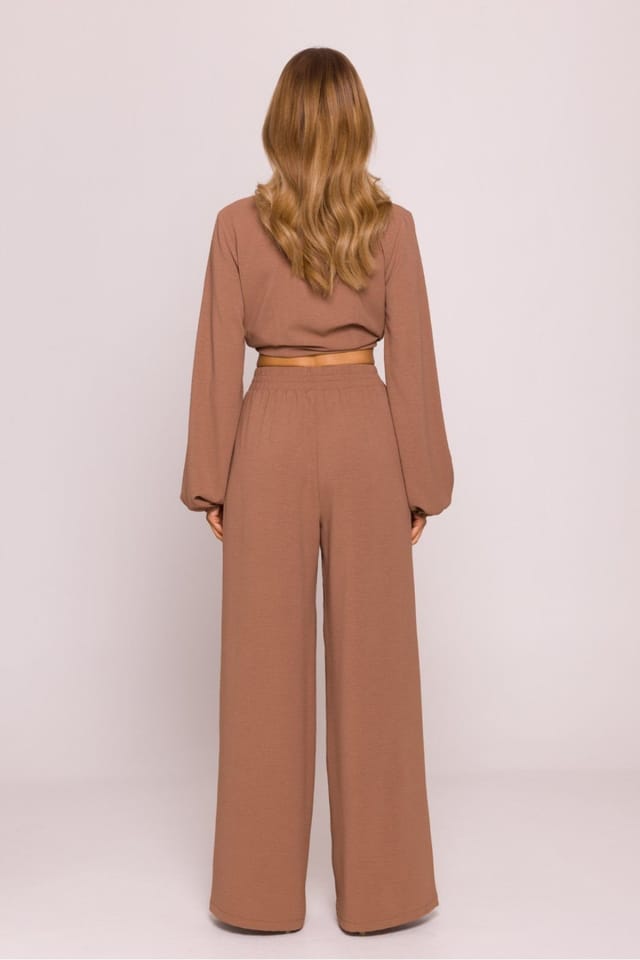 Love Lace Love Lace Women's Crepe Texture Loose Fit Elastic Waist Trousers in Brown - 2