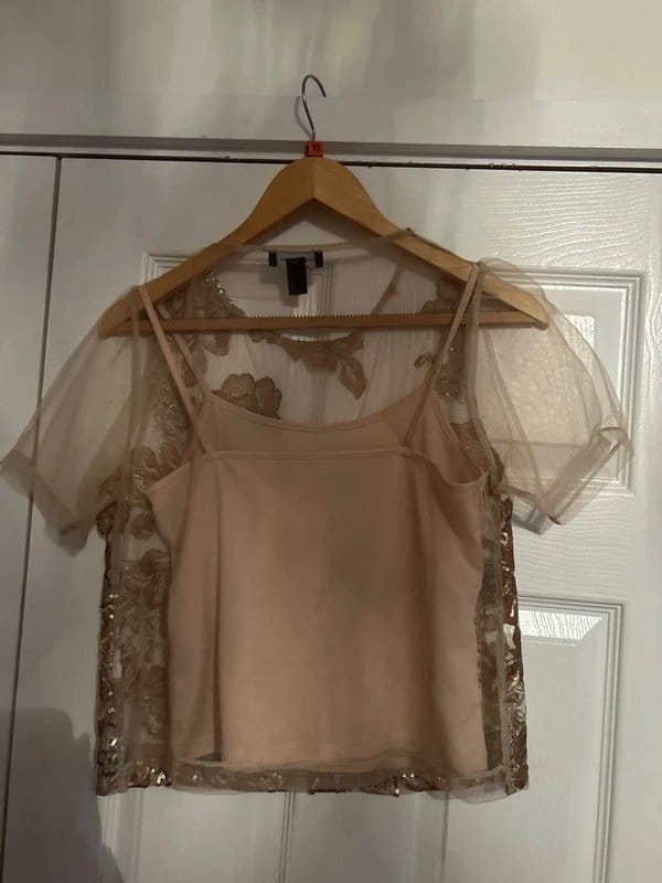New Look Beige Sequin Embellished Lace Top