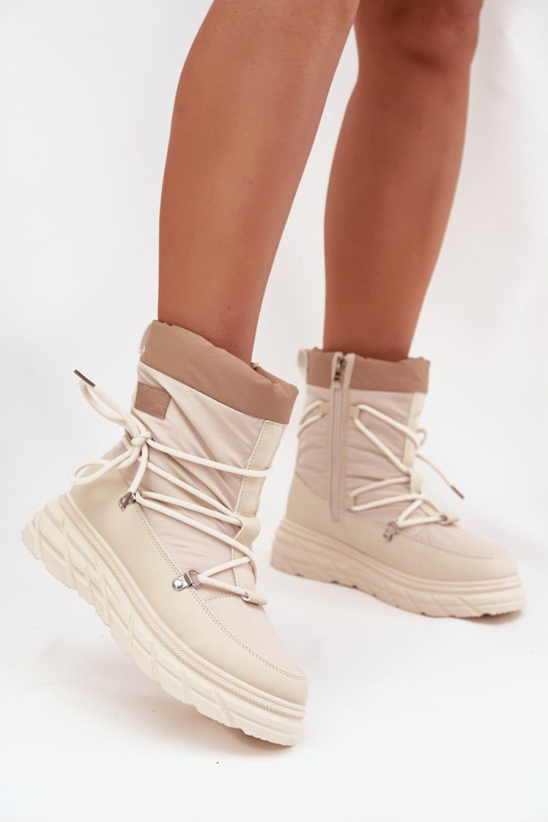 Love Lace Love Lace Women's Lee Cooper Snow Boots Textile Fur Lined Platform Zip Insulated in Beige