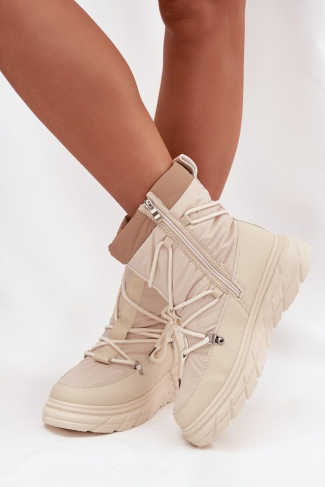 Love Lace Love Lace Women's Lee Cooper Snow Boots Textile Fur Lined Platform Zip Insulated in Beige - 3